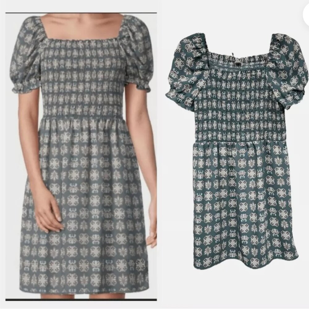 LOFT Floral Smocked Babydoll Dress with Puff Sleeves Square Neck large petite